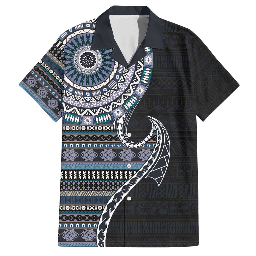 Fijian Masi Tribal Tattoos Art Pattern Family Matching Puletasi and Hawaiian Shirt Navy Color Half Style LT03 Dad's Shirt - Short Sleeve Navy - Polynesian Pride