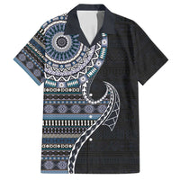 Fijian Masi Tribal Tattoos Art Pattern Family Matching Puletasi and Hawaiian Shirt Navy Color Half Style LT03 Dad's Shirt - Short Sleeve Navy - Polynesian Pride