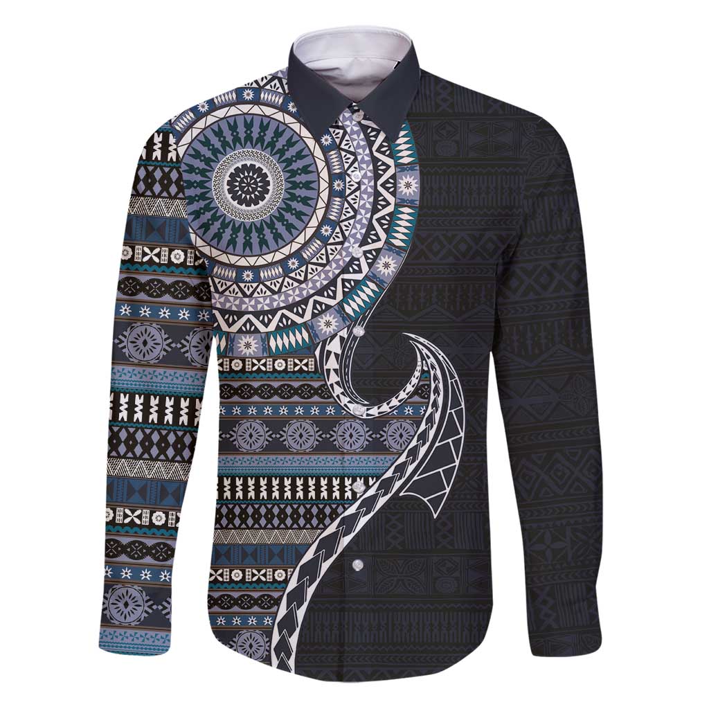 Fijian Masi Tribal Tattoos Art Pattern Family Matching Puletasi and Hawaiian Shirt Navy Color Half Style LT03 Dad's Shirt - Long Sleeve Navy - Polynesian Pride