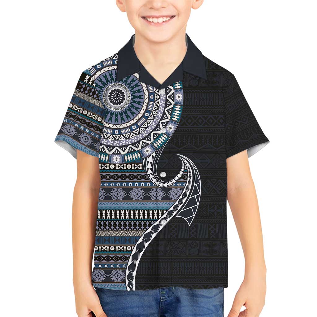 Fijian Masi Tribal Tattoos Art Pattern Family Matching Puletasi and Hawaiian Shirt Navy Color Half Style LT03 Son's Shirt Navy - Polynesian Pride