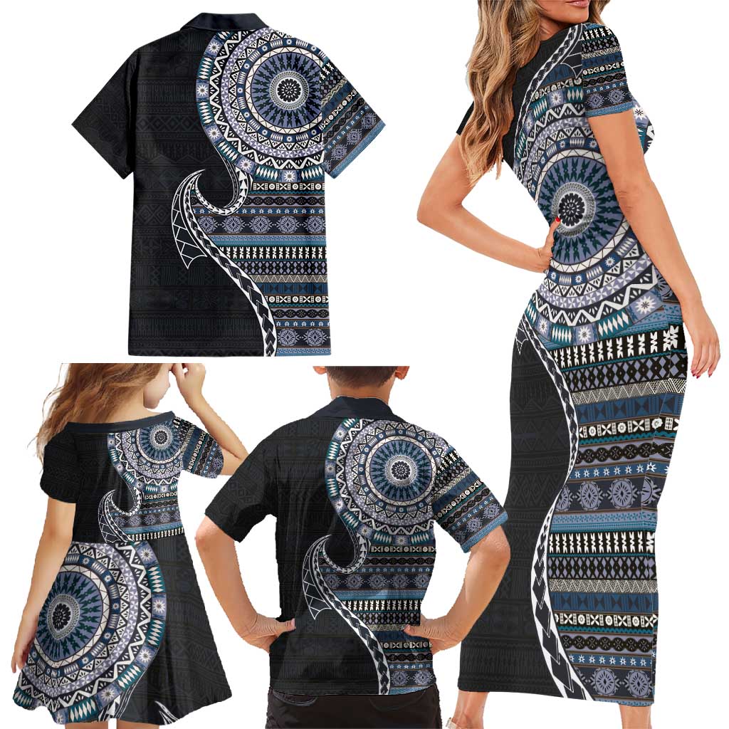 Fijian Masi Tribal Tattoos Art Pattern Family Matching Short Sleeve Bodycon Dress and Hawaiian Shirt Navy Color Half Style - Polynesian Pride