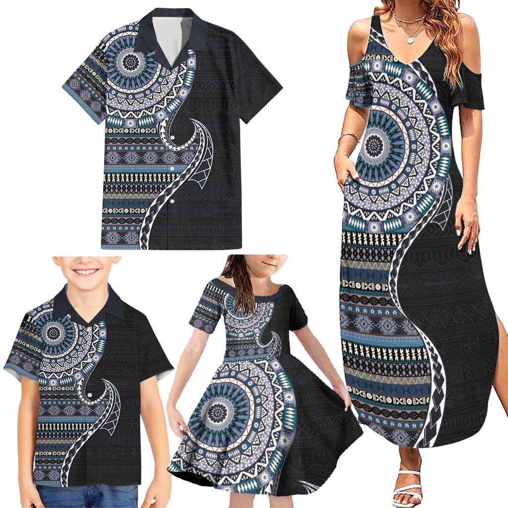 Fijian Masi Tribal Tattoos Art Pattern Family Matching Summer Maxi Dress and Hawaiian Shirt Navy Color Half Style - Polynesian Pride