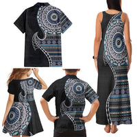 Fijian Masi Tribal Tattoos Art Pattern Family Matching Tank Maxi Dress and Hawaiian Shirt Navy Color Half Style - Polynesian Pride