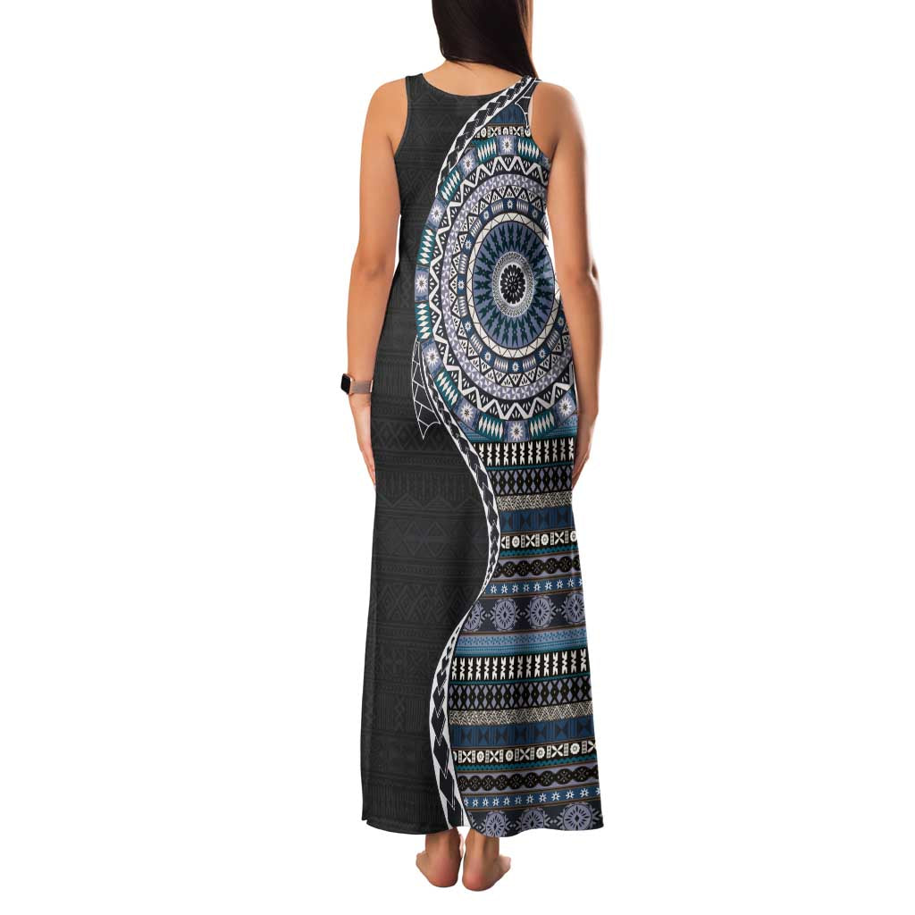 Fijian Masi Tribal Tattoos Art Pattern Family Matching Tank Maxi Dress and Hawaiian Shirt Navy Color Half Style - Polynesian Pride