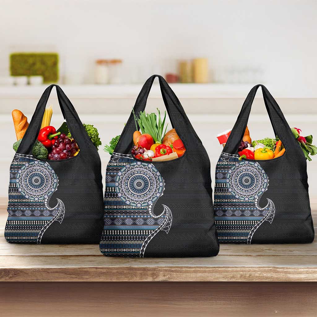 Fijian Masi Tribal Tattoos Art Pattern Grocery Bag Navy Color Half Style - Polynesian Pride