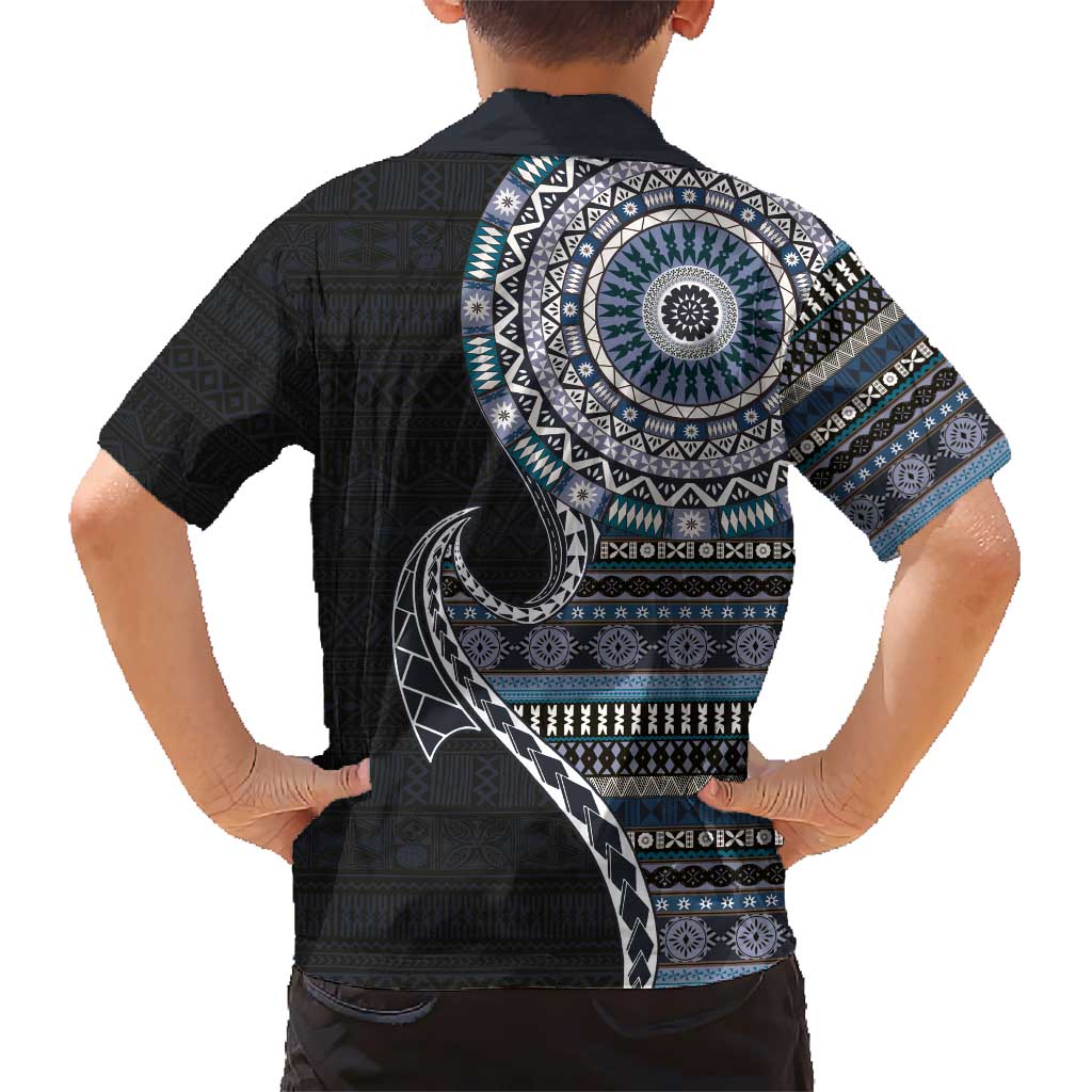 Fijian Masi Tribal Tattoos Art Pattern Kid Hawaiian Shirt Navy Color Half Style LT03 - Polynesian Pride