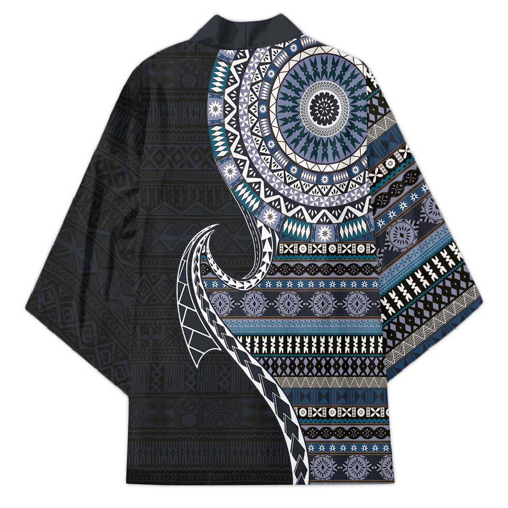 Fijian Masi Tribal Tattoos Art Pattern Kimono Navy Color Half Style - Polynesian Pride