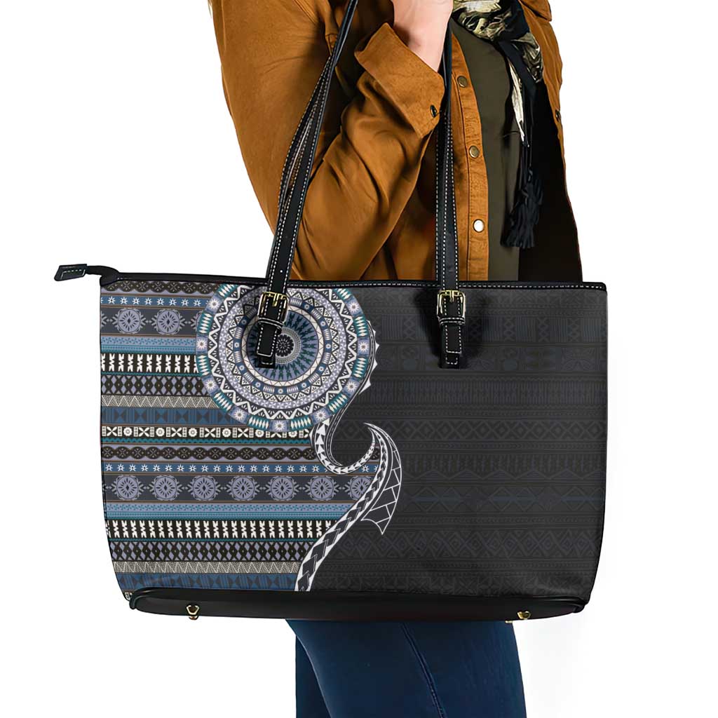 Fijian Masi Tribal Tattoos Art Pattern Leather Tote Bag Navy Color Half Style LT03 - Polynesian Pride