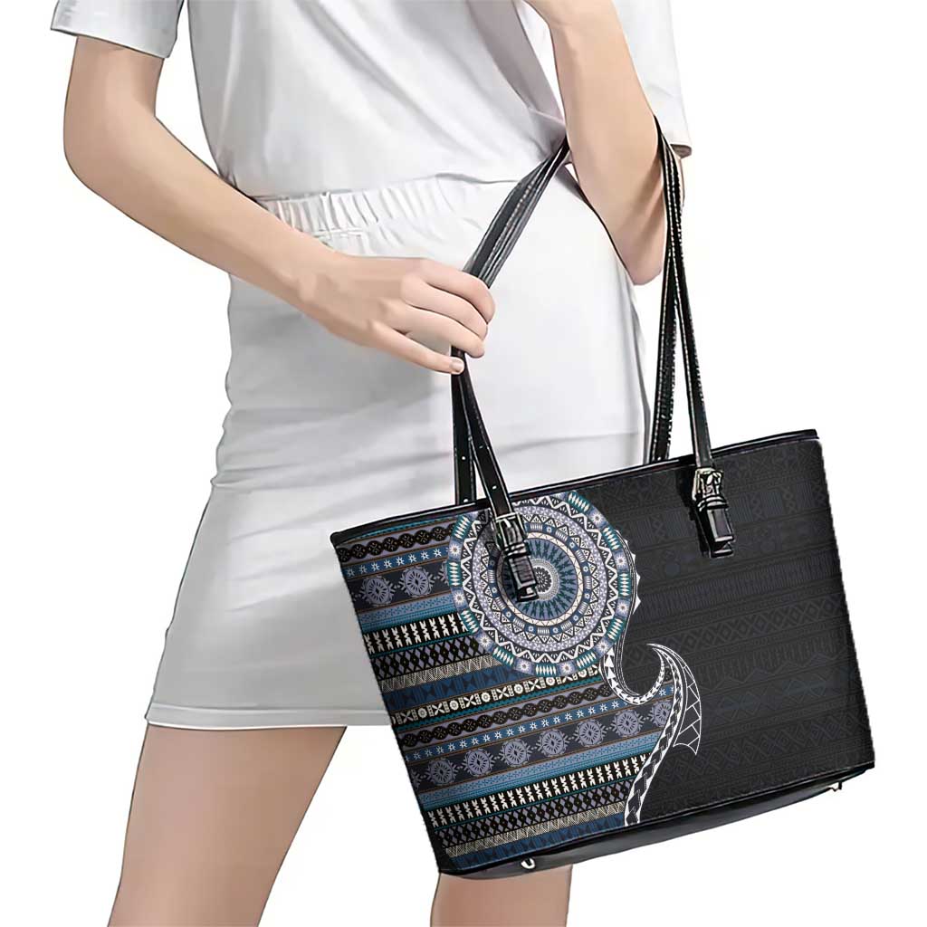 Fijian Masi Tribal Tattoos Art Pattern Leather Tote Bag Navy Color Half Style LT03 - Polynesian Pride