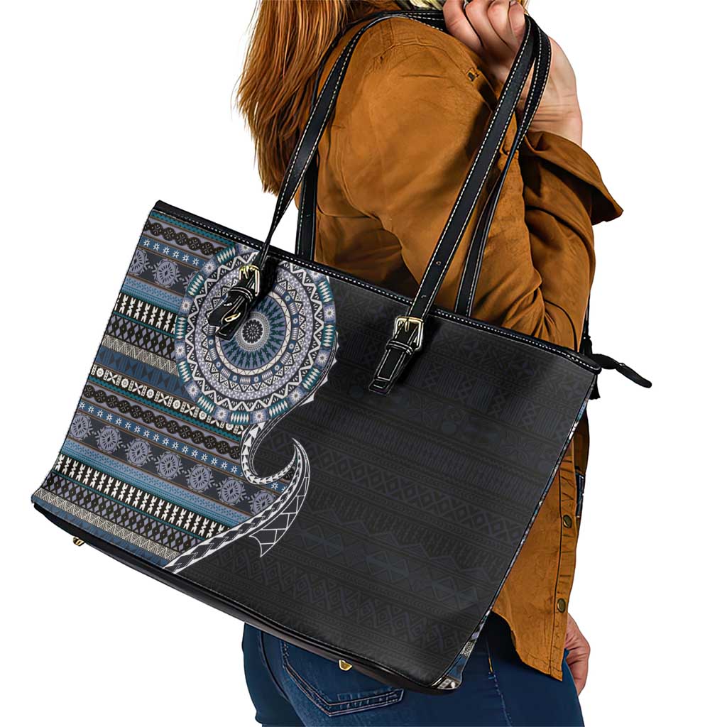 Fijian Masi Tribal Tattoos Art Pattern Leather Tote Bag Navy Color Half Style LT03 - Polynesian Pride