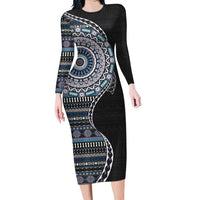 Fijian Masi Tribal Tattoos Art Pattern Long Sleeve Bodycon Dress Navy Color Half Style - Polynesian Pride