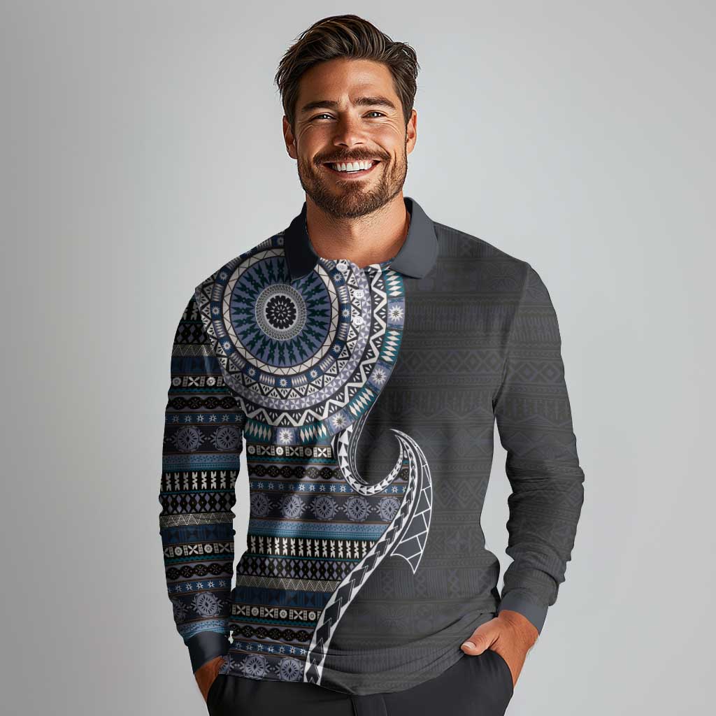 Fijian Masi Tribal Tattoos Art Pattern Long Sleeve Polo Shirt Navy Color Half Style - Polynesian Pride
