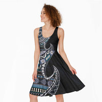 Fijian Masi Tribal Tattoos Art Pattern Midi Dress Navy Color Half Style - Polynesian Pride