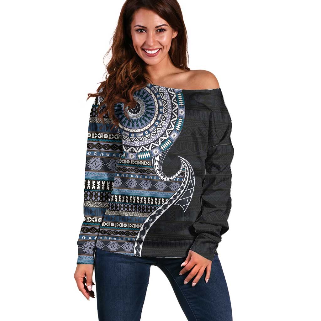 Fijian Masi Tribal Tattoos Art Pattern Off Shoulder Sweater Navy Color Half Style - Polynesian Pride
