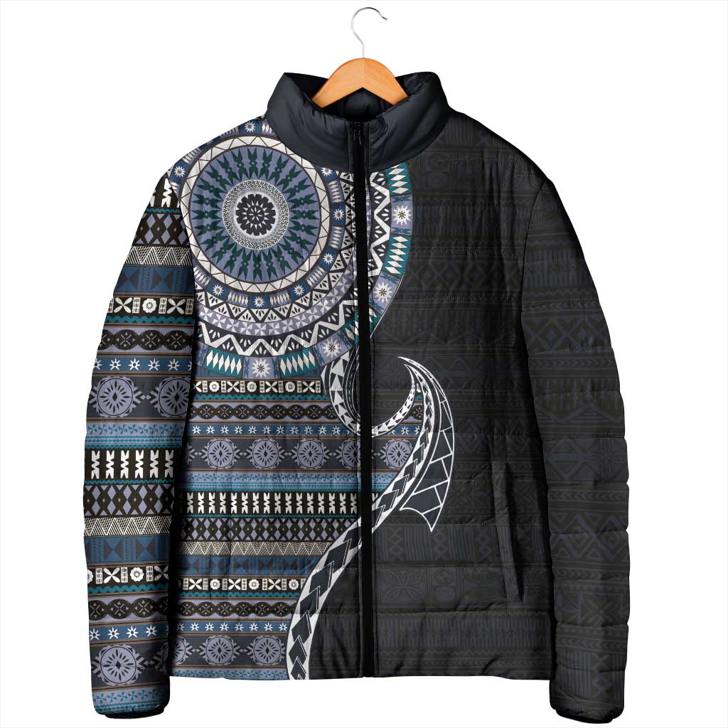 Fijian Masi Tribal Tattoos Art Pattern Padded Jacket Navy Color Half Style - Polynesian Pride
