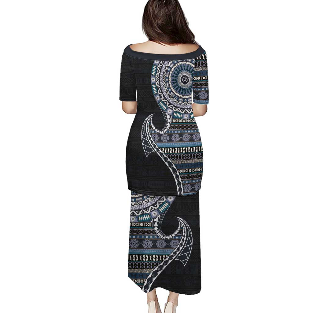 Fijian Masi Tribal Tattoos Art Pattern Puletasi Navy Color Half Style - Polynesian Pride