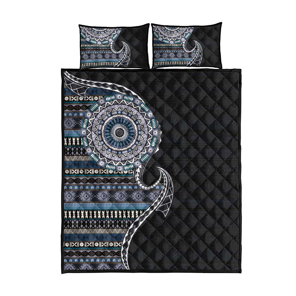 Fijian Masi Tribal Tattoos Art Pattern Quilt Bed Set Navy Color Half Style - Polynesian Pride