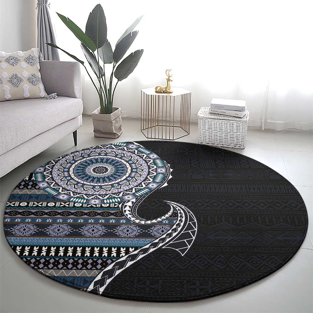 Fijian Masi Tribal Tattoos Art Pattern Round Carpet Navy Color Half Style - Polynesian Pride