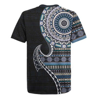 Fijian Masi Tribal Tattoos Art Pattern Rugby Jersey Navy Color Half Style - Polynesian Pride
