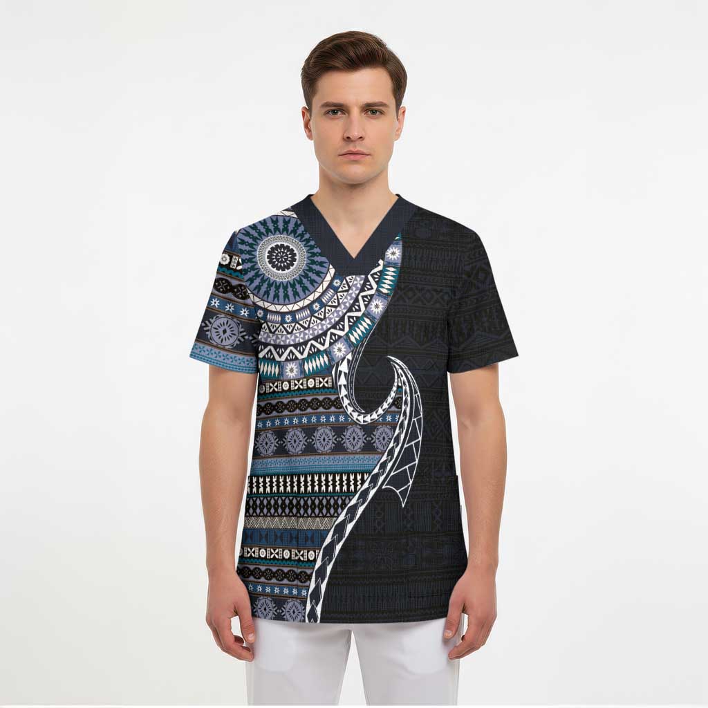 Fijian Masi Tribal Tattoos Art Pattern Scrub Top Navy Color Half Style - Polynesian Pride