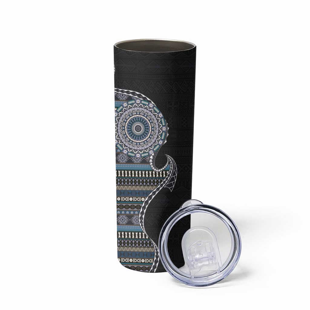 Fijian Masi Tribal Tattoos Art Pattern Skinny Tumbler Navy Color Half Style - Polynesian Pride