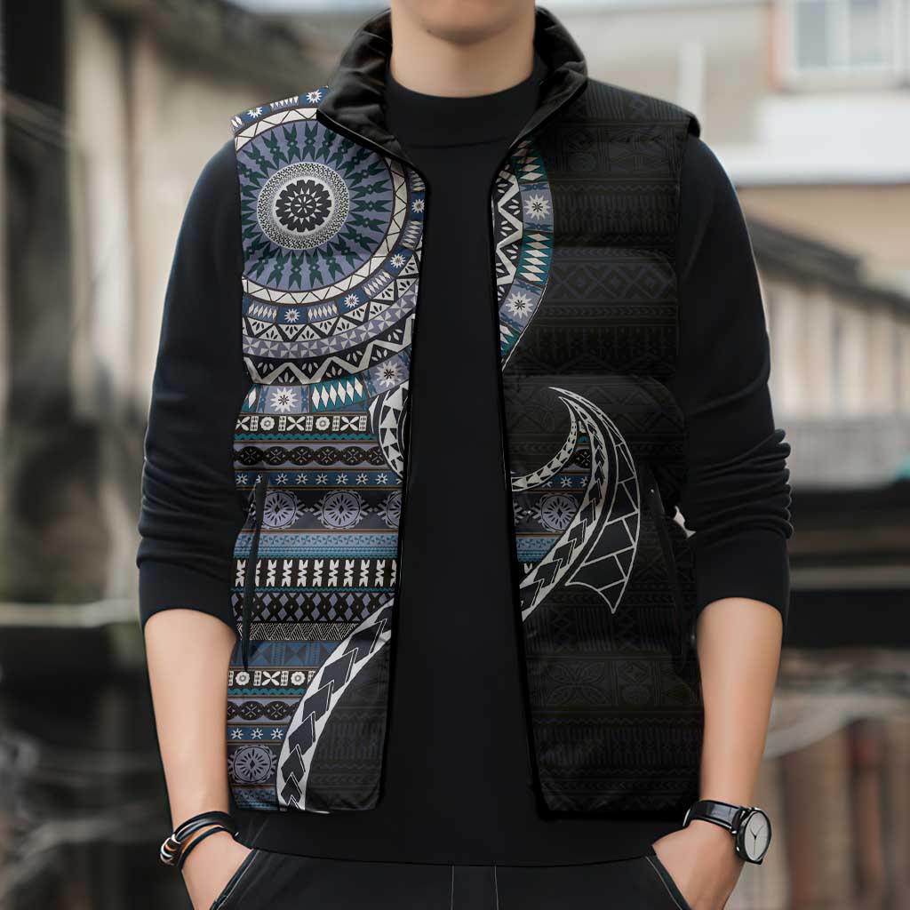 Fijian Masi Tribal Tattoos Art Pattern Sleeveless Puffer Jacket Navy Color Half Style - Polynesian Pride