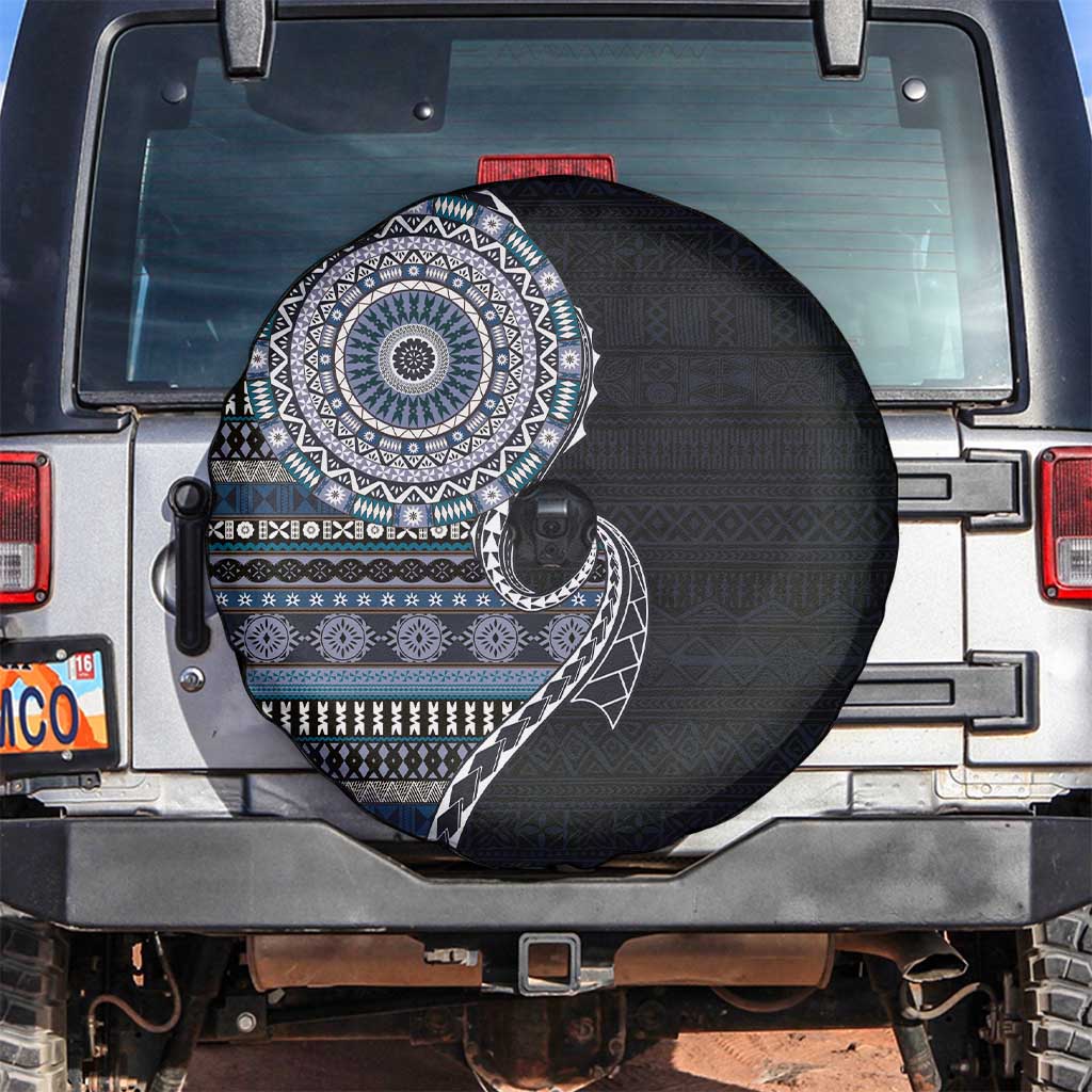 Fijian Masi Tribal Tattoos Art Pattern Spare Tire Cover Navy Color Half Style - Polynesian Pride