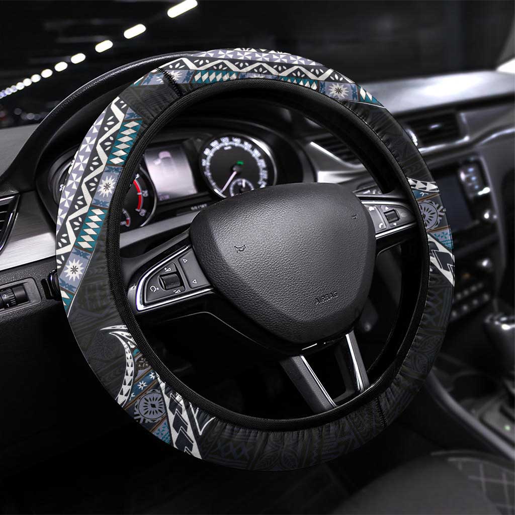 Fijian Masi Tribal Tattoos Art Pattern Steering Wheel Cover Navy Color Half Style LT03 Universal Fit Navy - Polynesian Pride