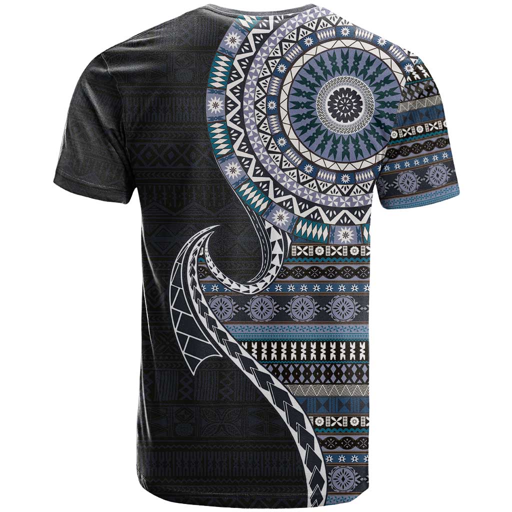 Fijian Masi Tribal Tattoos Art Pattern T Shirt Navy Color Half Style - Polynesian Pride