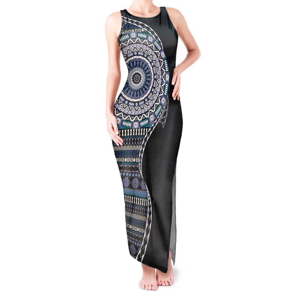 Fijian Masi Tribal Tattoos Art Pattern Tank Maxi Dress Navy Color Half Style - Polynesian Pride