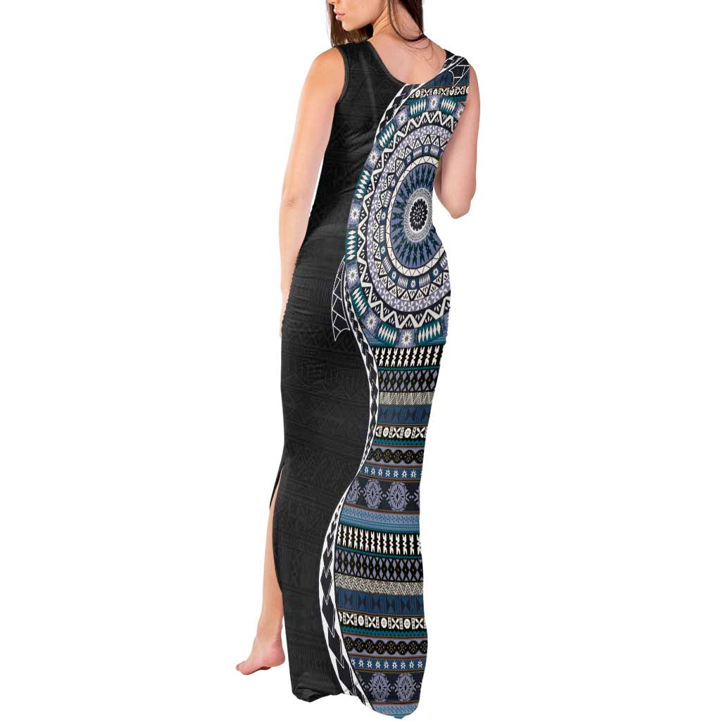 Fijian Masi Tribal Tattoos Art Pattern Tank Maxi Dress Navy Color Half Style - Polynesian Pride