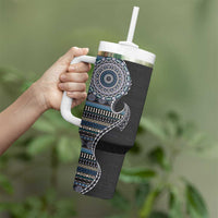 Fijian Masi Tribal Tattoos Art Pattern Tumbler With Handle Navy Color Half Style - Polynesian Pride
