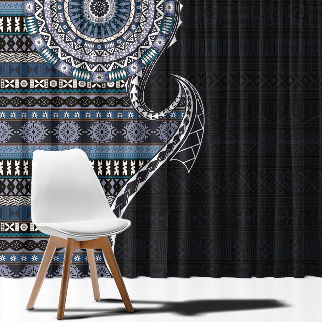 Fijian Masi Tribal Tattoos Art Pattern Window Curtain Navy Color Half Style - Polynesian Pride
