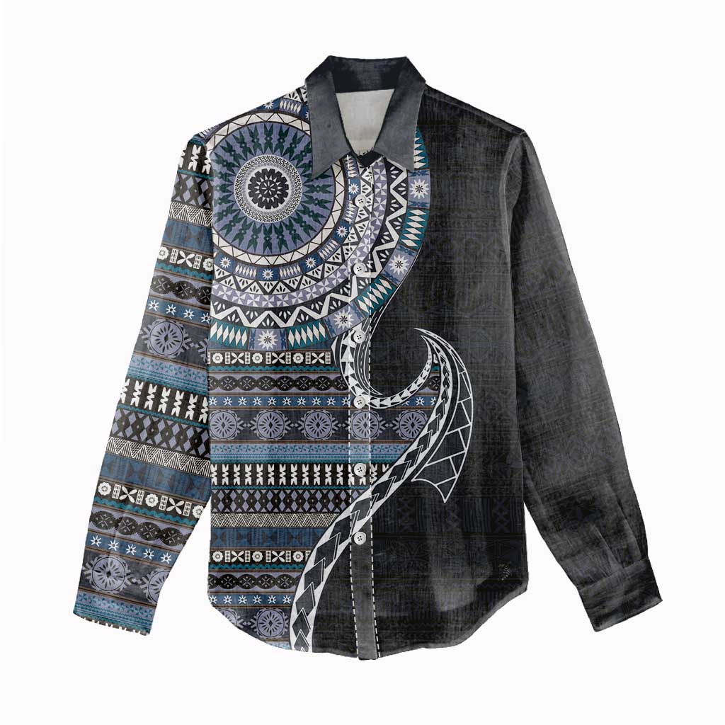 Fijian Masi Tribal Tattoos Art Pattern Women Casual Shirt Navy Color Half Style - Polynesian Pride