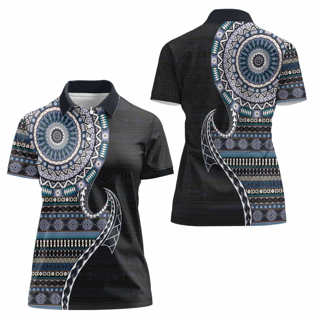 Fijian Masi Tribal Tattoos Art Pattern Women Polo Shirt Navy Color Half Style - Polynesian Pride