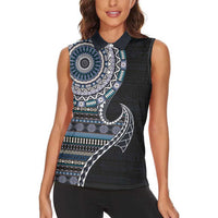 Fijian Masi Tribal Tattoos Art Pattern Women Sleeveless Polo Shirt Navy Color Half Style - Polynesian Pride
