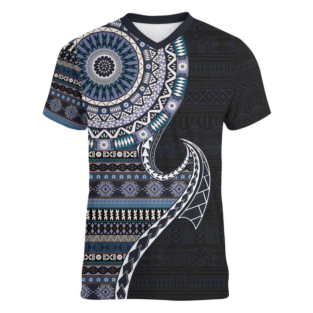 Fijian Masi Tribal Tattoos Art Pattern Women V-Neck T-Shirt Navy Color Half Style LT03 Female Navy - Polynesian Pride