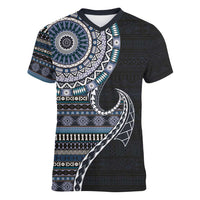 Fijian Masi Tribal Tattoos Art Pattern Women V-Neck T-Shirt Navy Color Half Style LT03 Female Navy - Polynesian Pride