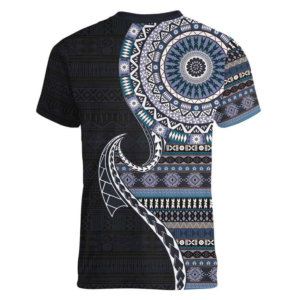 Fijian Masi Tribal Tattoos Art Pattern Women V-Neck T-Shirt Navy Color Half Style LT03 - Polynesian Pride