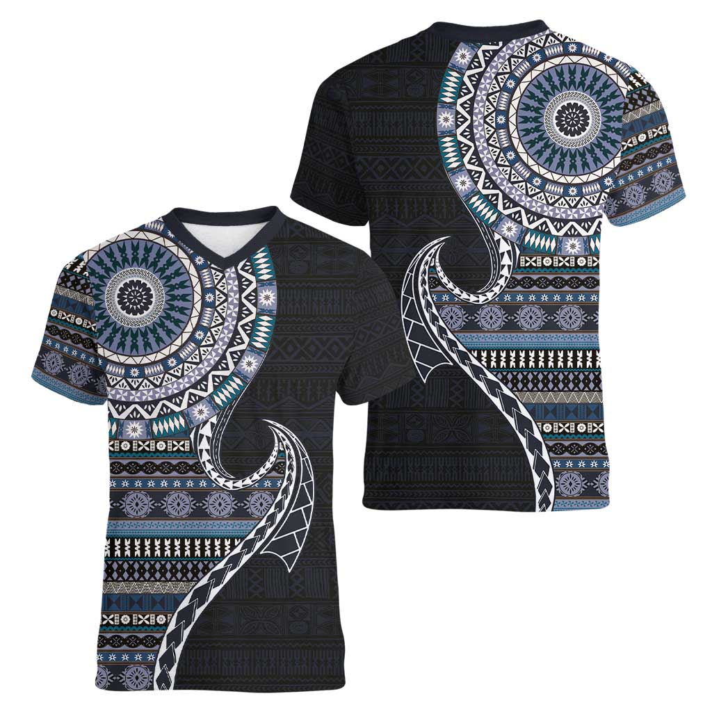 Fijian Masi Tribal Tattoos Art Pattern Women V-Neck T-Shirt Navy Color Half Style LT03 - Polynesian Pride