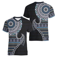 Fijian Masi Tribal Tattoos Art Pattern Women V-Neck T-Shirt Navy Color Half Style LT03 - Polynesian Pride
