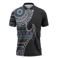 Fijian Masi Tribal Tattoos Art Pattern Zipper Polo Shirt Navy Color Half Style - Polynesian Pride