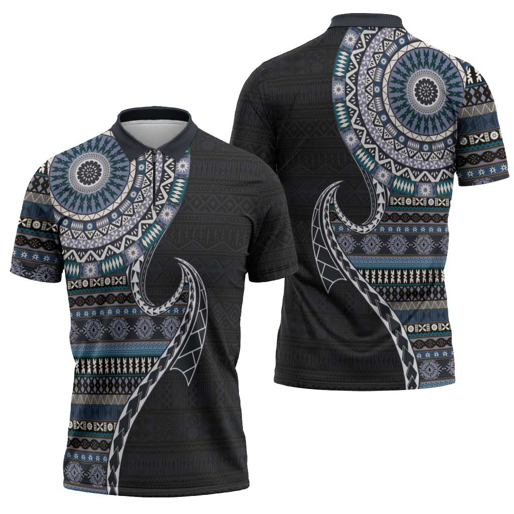 Fijian Masi Tribal Tattoos Art Pattern Zipper Polo Shirt Navy Color Half Style - Polynesian Pride