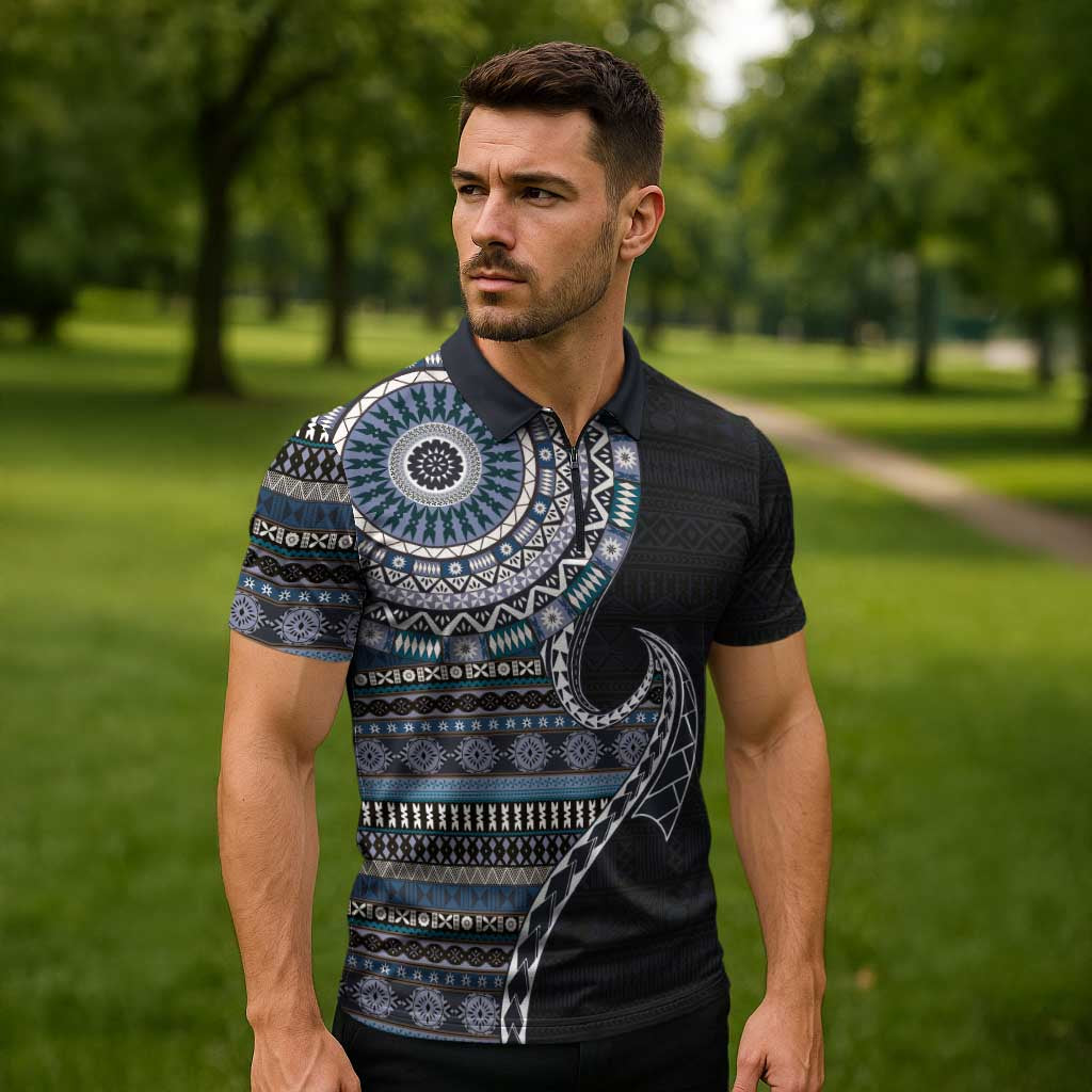 Fijian Masi Tribal Tattoos Art Pattern Zipper Polo Shirt Navy Color Half Style - Polynesian Pride