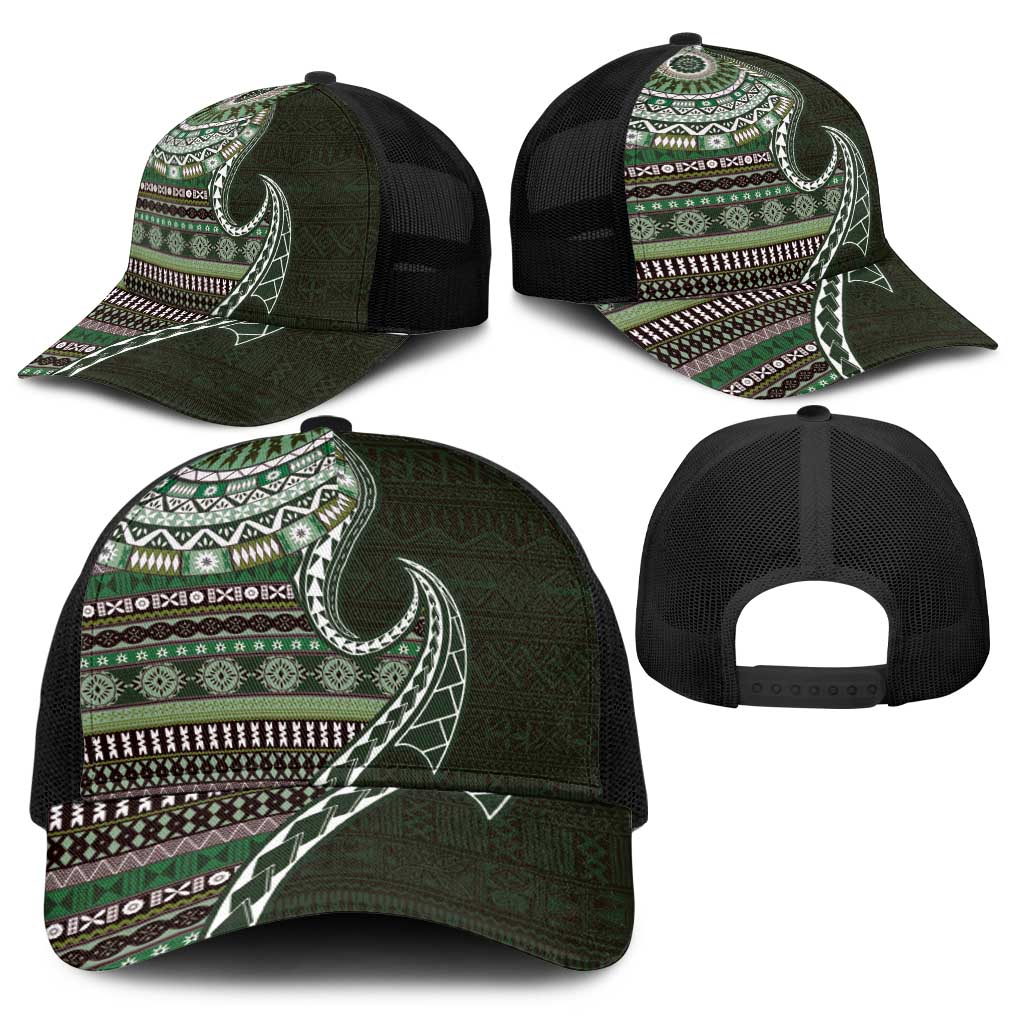 Fijian Masi Tribal Tattoos Art Pattern Baseball Net Cap Green Color Half Style - Polynesian Pride