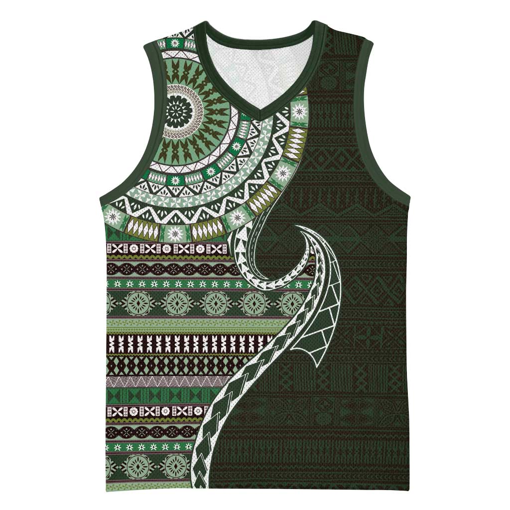Fijian Masi Tribal Tattoos Art Pattern Basketball Jersey Green Color Half Style LT03 Unisex Green - Polynesian Pride