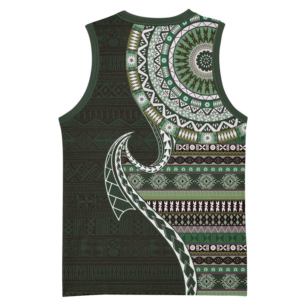 Fijian Masi Tribal Tattoos Art Pattern Basketball Jersey Green Color Half Style LT03 - Polynesian Pride