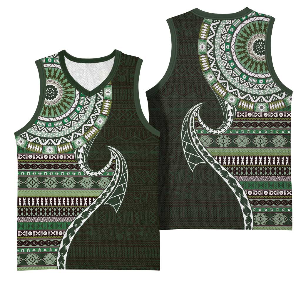 Fijian Masi Tribal Tattoos Art Pattern Basketball Jersey Green Color Half Style LT03 - Polynesian Pride