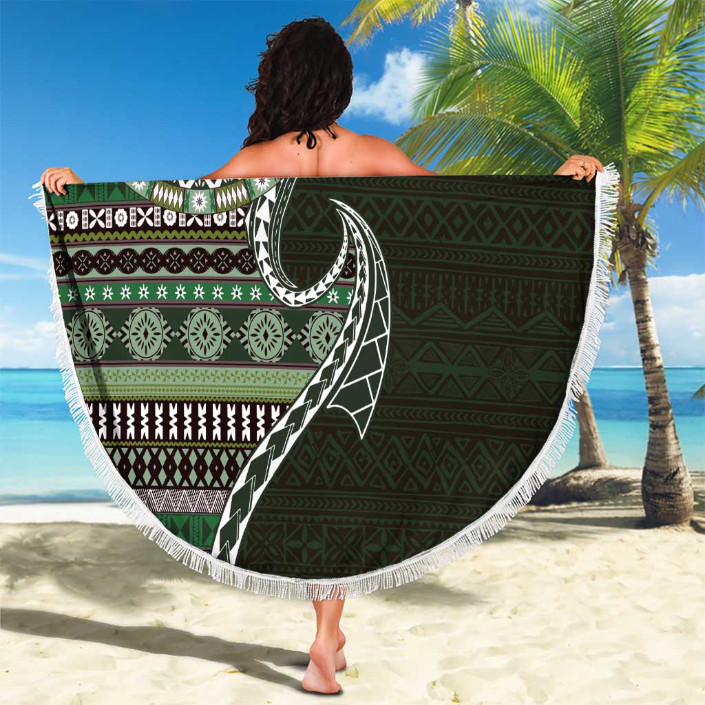 Fijian Masi Tribal Tattoos Art Pattern Beach Blanket Green Color Half Style - Polynesian Pride