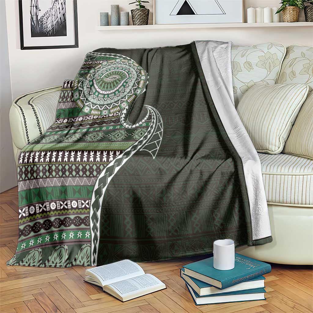 Fijian Masi Tribal Tattoos Art Pattern Blanket Green Color Half Style - Polynesian Pride